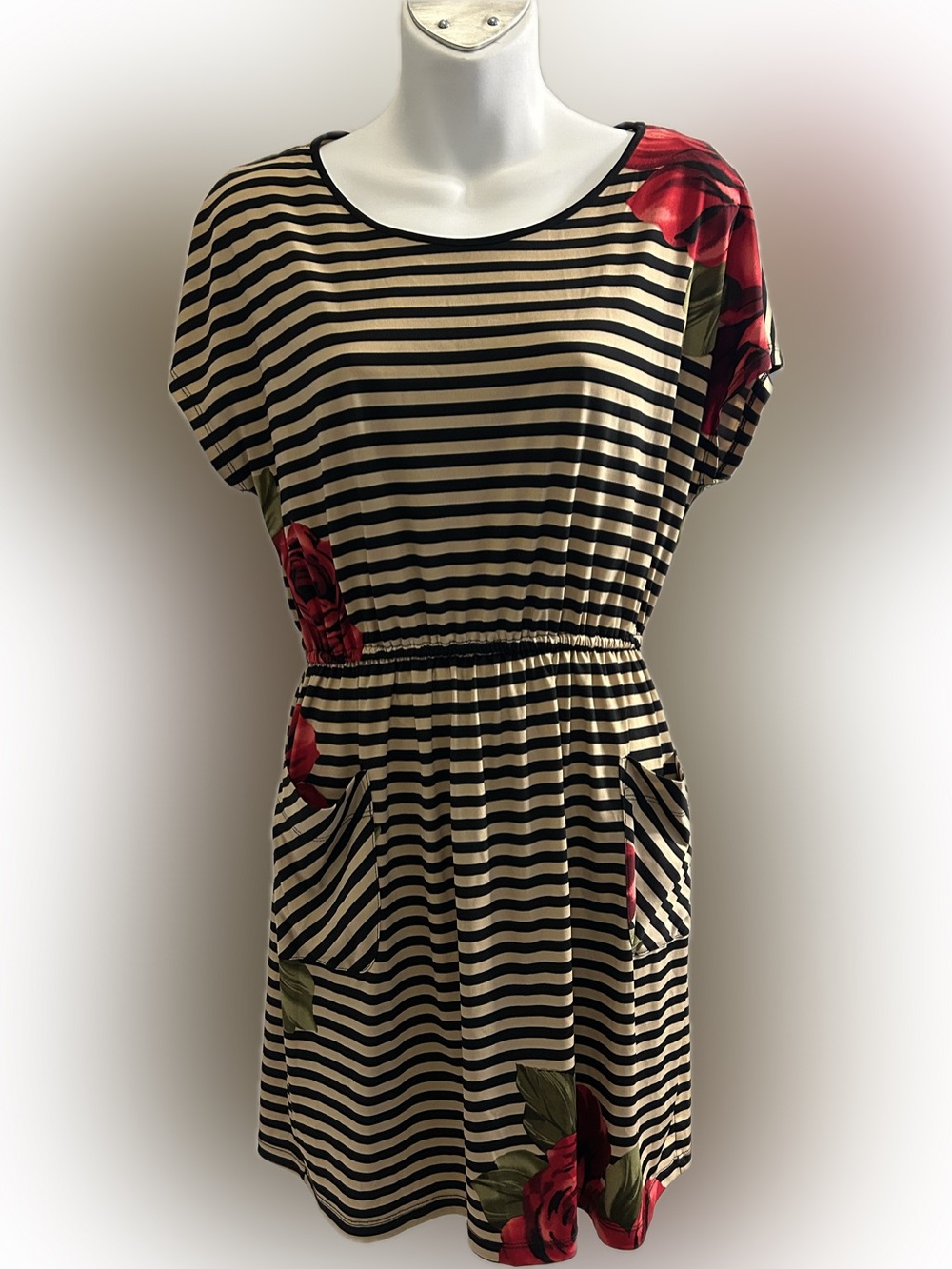 Sweet Storm Black & Cream Striped Midi Dress with Red Rose Print